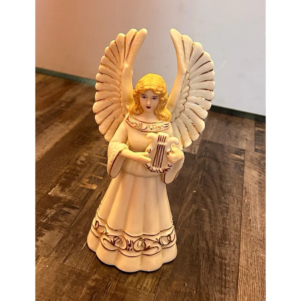 Hand Painted Glazed Ceramic Angel Candle Holder, White/Gold, Taper